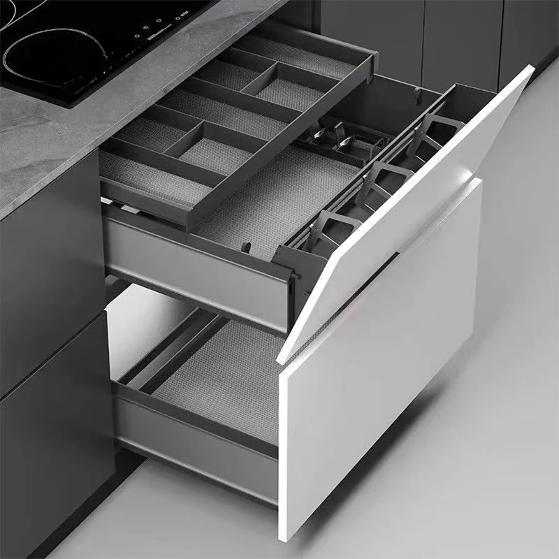 Aluminum Kitchen Storage Basket Drawer Cabinet Storage Box Multifunctional Basket with Removable Cutlery Tray