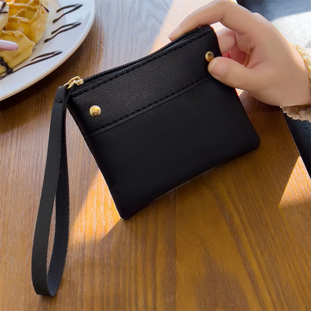 Women Short PU Leather Wallet Small Solid Color Coin Purses New Mini Key Pouch Fashion Credit Card Pouch with Wrist Strap