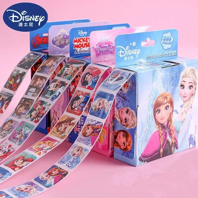 200Pcs/Box Reflective Disney Stickers Removable Anime Frozen Mickey Sofia Princess Marvel Roll Sticker Kids Toys Birthday Gifts