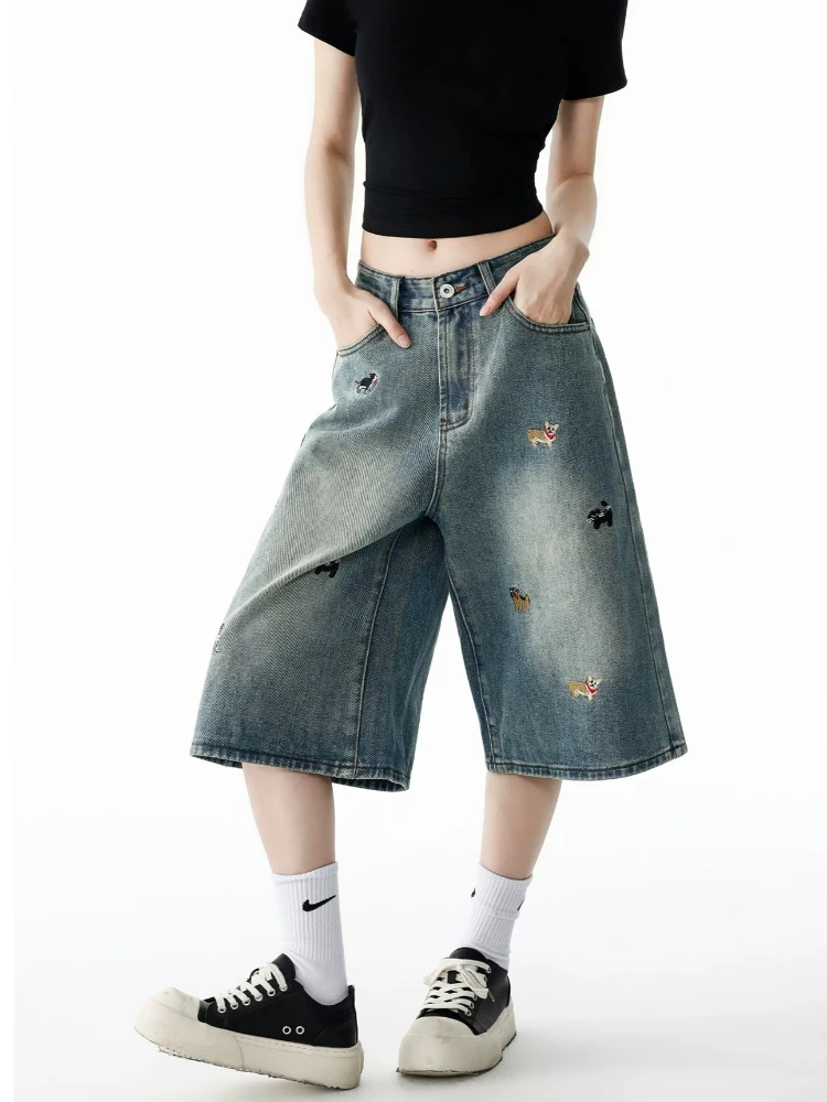 Summer Women's Puppy Embroidery Denim Shorts High Waist Pants Cute Girl Calf-length Trousers Female Straight Wide Leg Streetwear