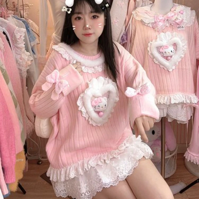 Original Handmade HelloKitty Spicy Pure Desire Wind Sweet Versatile Autumn/Winter Cute Pink Knitted Sweater Sweet Girl Sweater