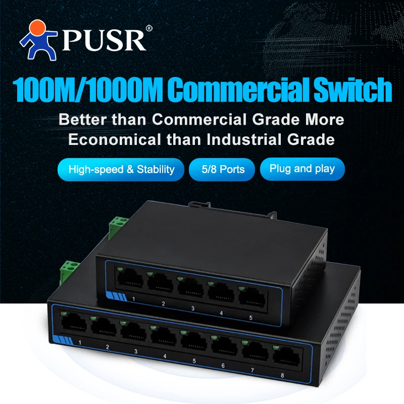 PUSR 5/8 Ports Gigabit Ethernet Switch Unmanaged DC/Terminal Power Plug and Play DIN rail and desktop placement USR-SG1005/1008