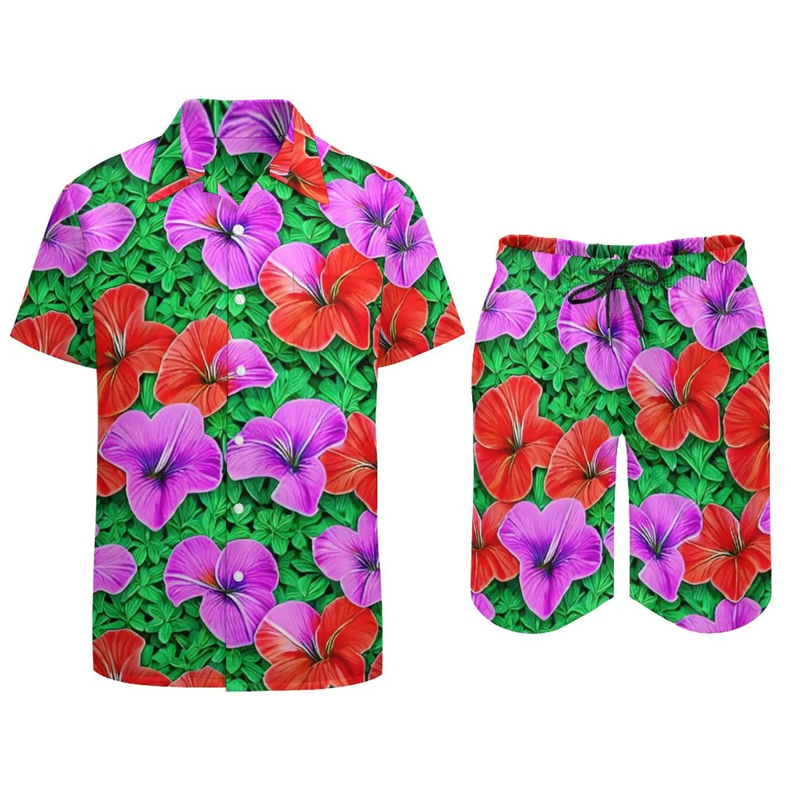 Bloemenprint Heren Sets Kleurrijke Hibiscus Casual Shorts Zomer Trendy Fitness Outdoor Shirt Met Korte Mouwen Plus Size Pak Cadeau