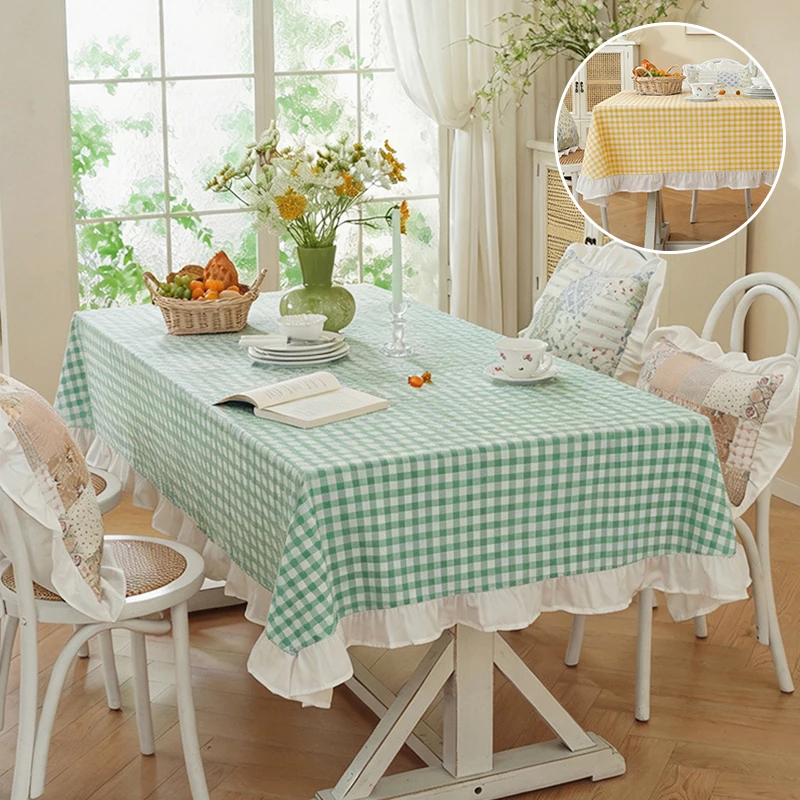 Image of 1 Stück frische, pastoral karierte Tischdecke mit Rüschen, geeignet für Wohnzimmer, Esszimmer, Party, Hochzeit, Feiertage und Partys zu Hause