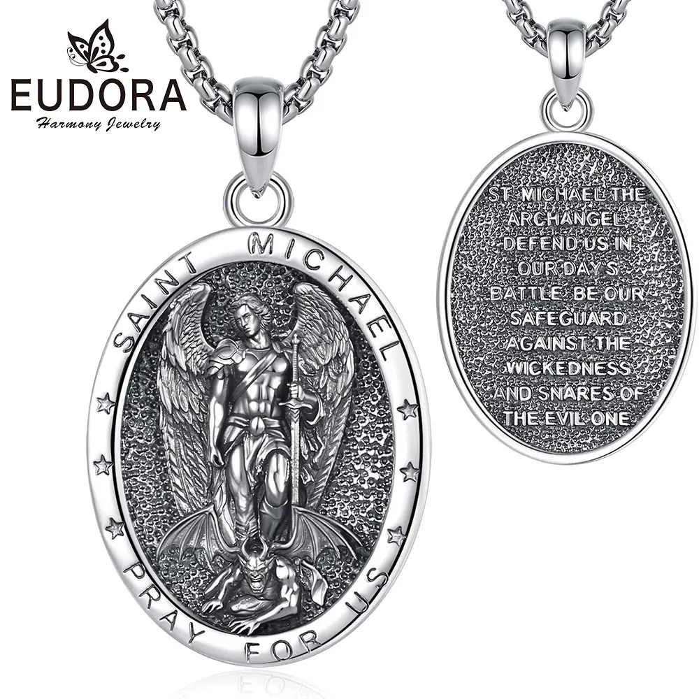 Collier Eudora en Cuivre Saint Michel, Pendentif Médaille Archange, Amulette Religieuse, Bijou de Protection Vintage, Cadeau de Festival pour Hommes