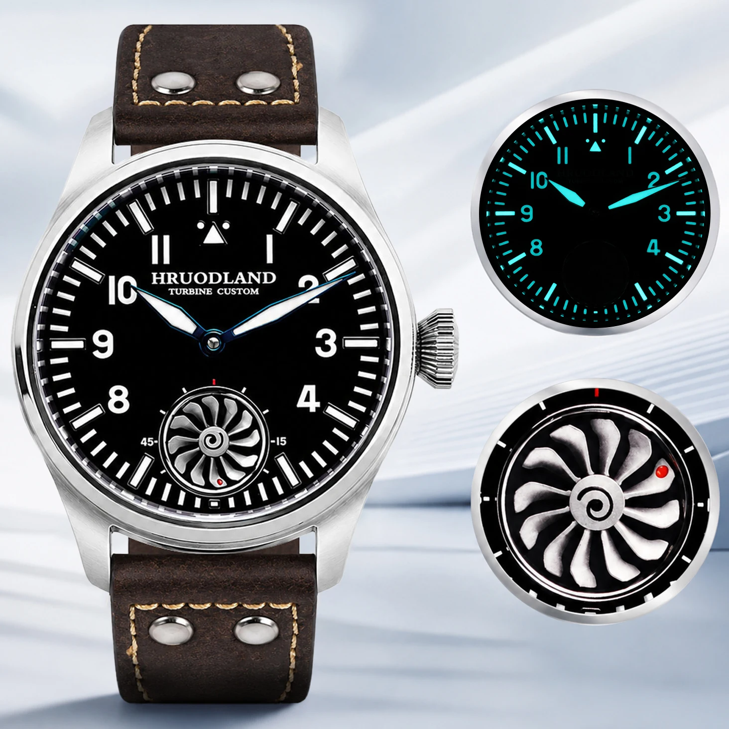 HRUODLAND Vintage-Pilotenuhren für Herren, dynamisches Turbinen-Sekundenzifferblatt, Saphirglas, BGW9, leuchtend, wasserdicht, Seagull ST3621, Handaufzug, Business-Uhr, Herrengeschenk
