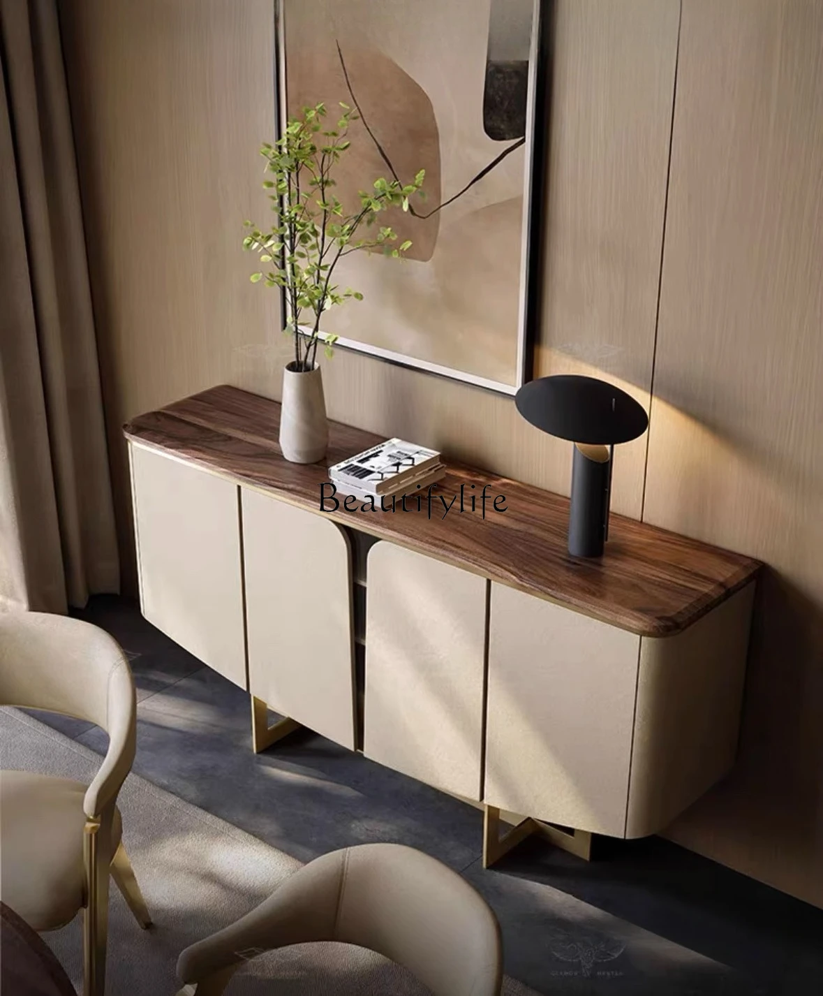 

05-Light luxury locker living room against the wall Light luxury high-end natural marble dining side cabinet