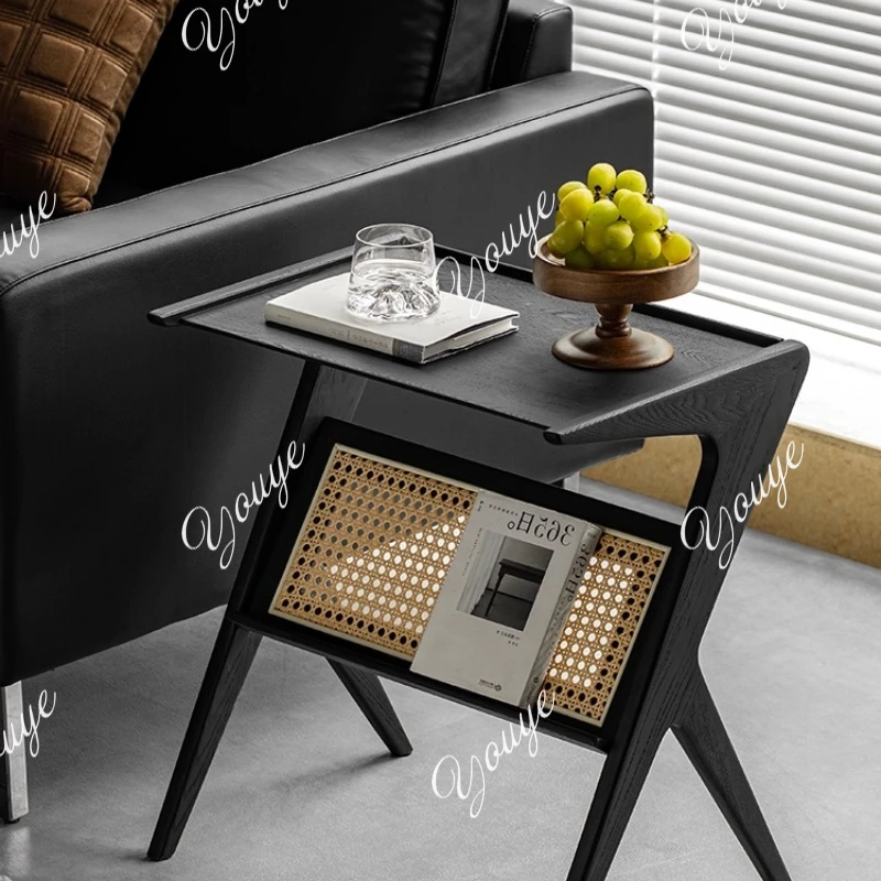 Zhifubian several black ash wood small coffee table sofa bedside shelf rattan book and magazine rack