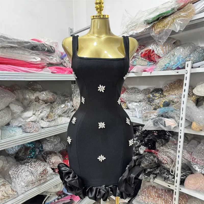 

High-quality Fashionable Sexy BacklessVStrap Slim Fit Rhinestone Embellished Tight Floral Mini Bandage Dress