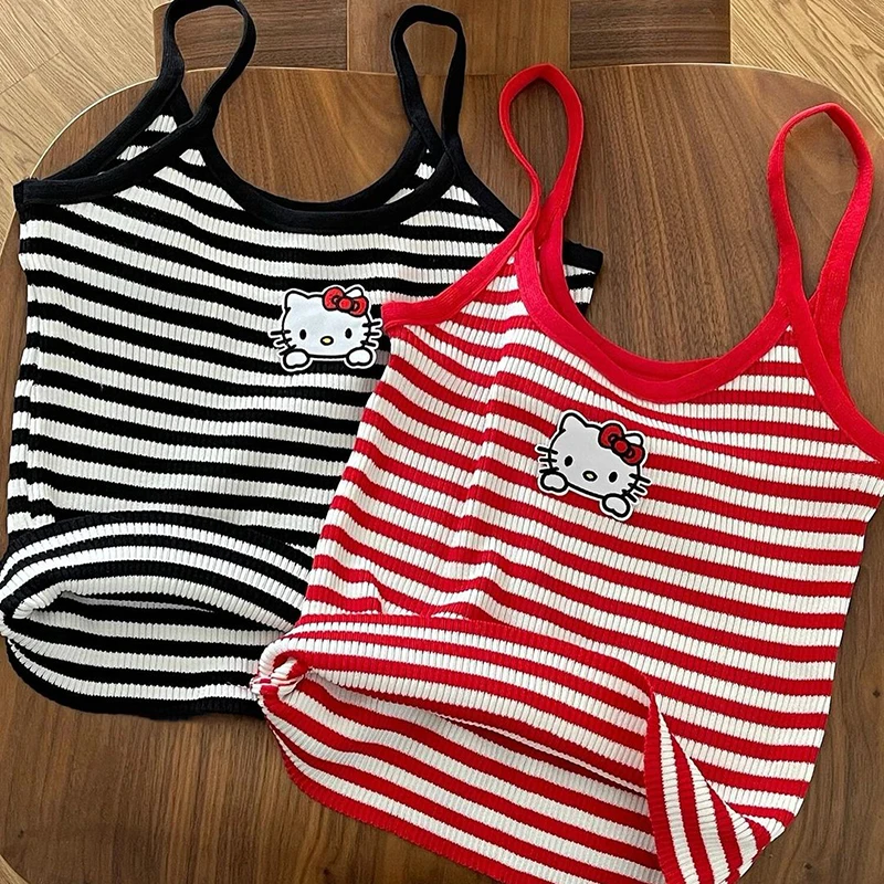 Hello Kitty-Halter rayé pour filles, haut précieux, vêtements intérieurs, vêtements d'extérieur, Kawaii, Sanurgente, été, doux, mignon, doux, cool, vent, Y2K