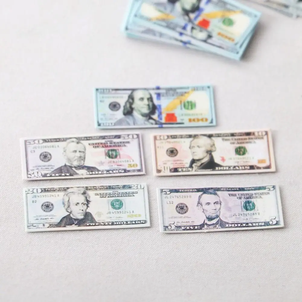 5 Bundles Paper Mini Dollars New 10 Styles Cute Banknotes Model Euro British Pound 1/12 Dollhouse Decoration