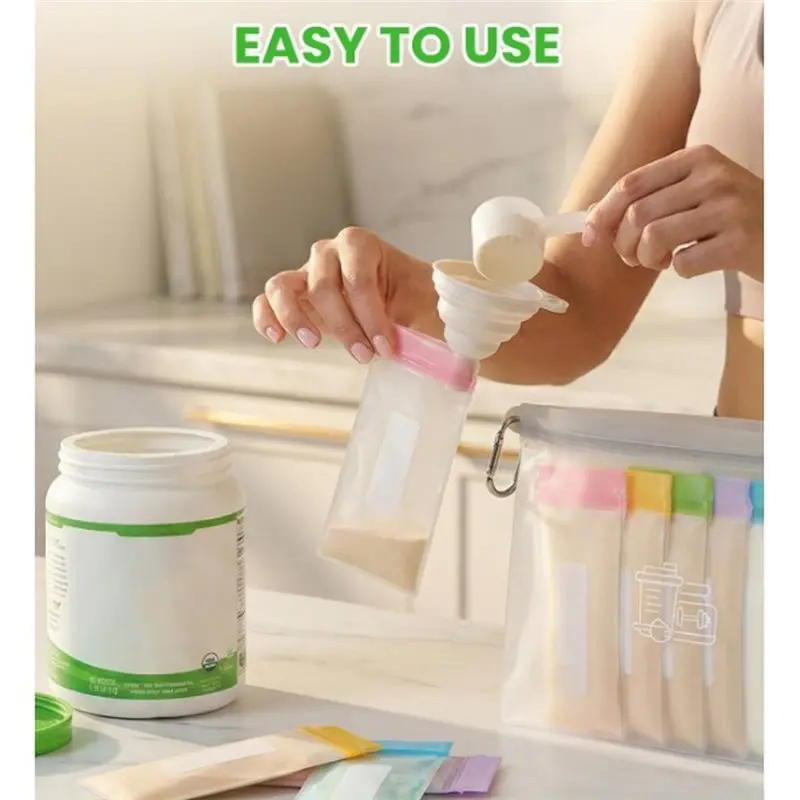 [HOT!A34R】 Protein Powder Travel Container Set Reusable Powder Supplement Container To Go 21Pcs Single Dose Bags 3Pcs Large Zip