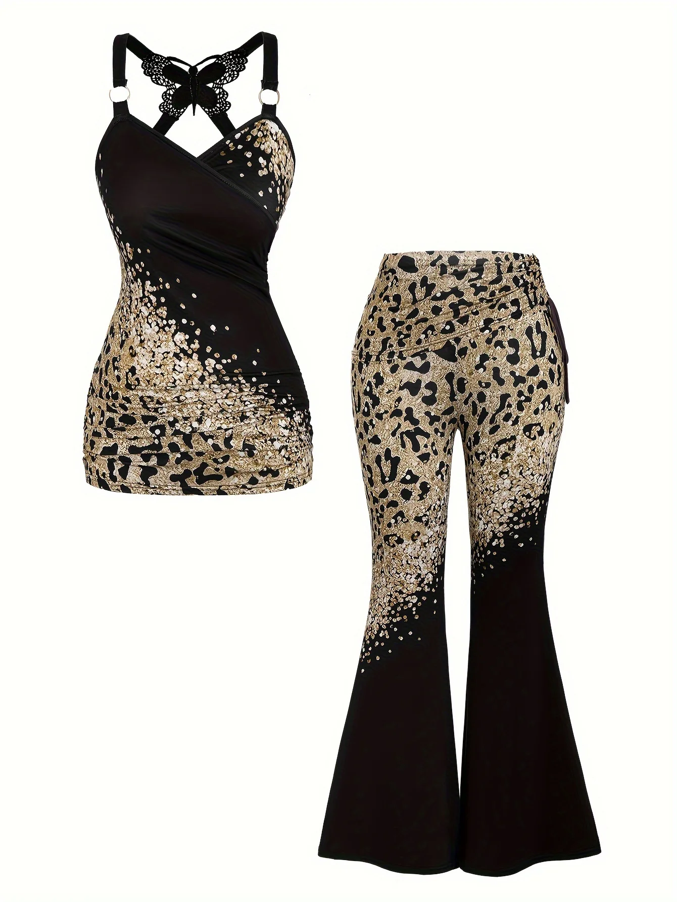 European and American fashion new leopard print butterfly lace cross vest and wide-leg trousers two-piece suit