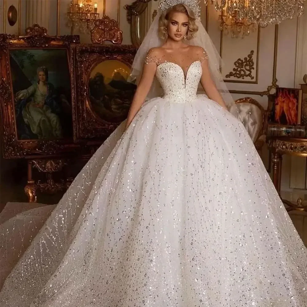 Customzied  Princess Sweetheart V Neck Tulle Glitter Beaded Cap Sleeves Ball Gowns Bridal Robe De Mariee