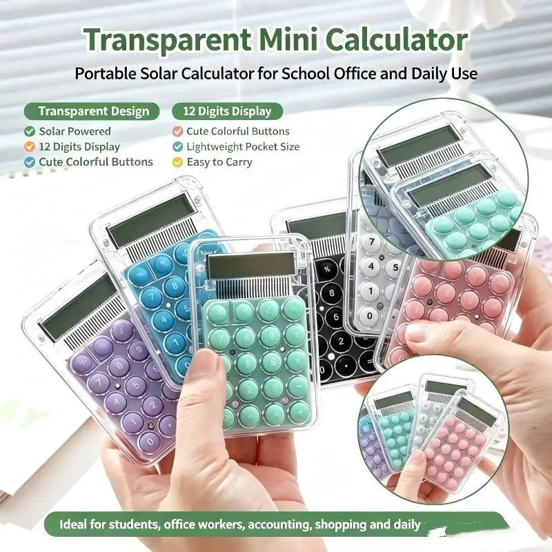 ∘Mini Calculator Silent Portable Lightweight Transparent Cute Colorful Pocket for School Office Exam Daily Use Basic Math