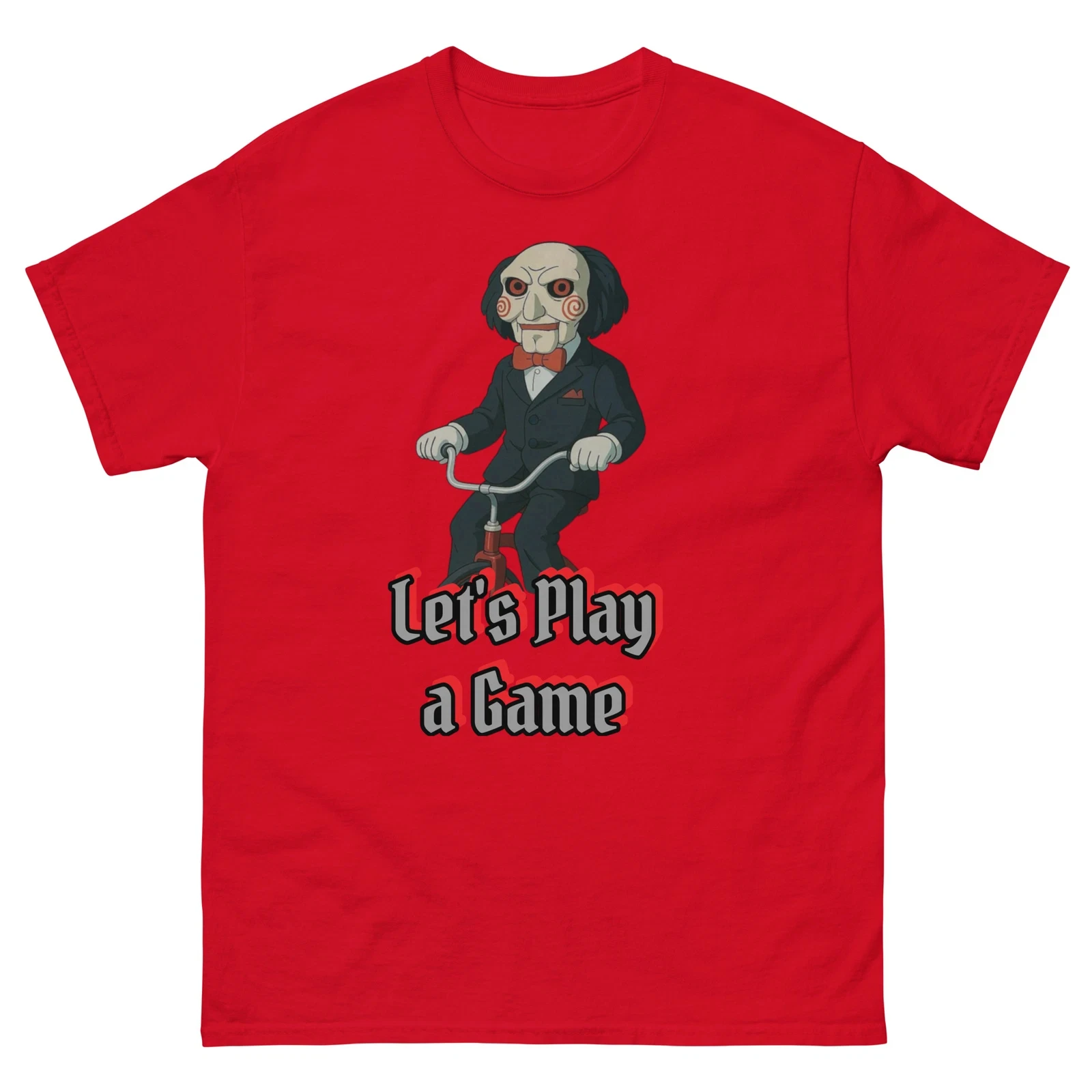 Let's Play A Game Creepy Puppet on Tricycle Horror Movie Style Graphic Tee Cotton Mens Womens T-Shirt Summer Streetwear