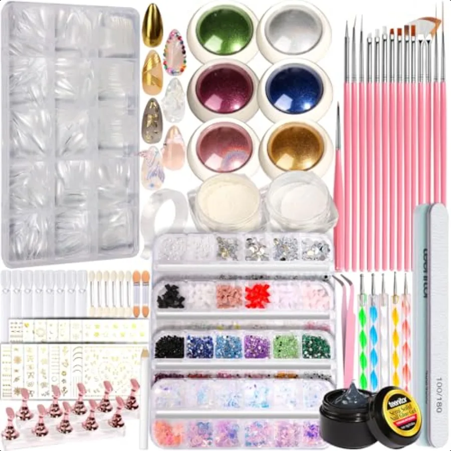 

Acrylic Nail Kit With Chrome Powder Almond Tips Art Brushes Charms 3D Gel Tools Stand Beginner Set