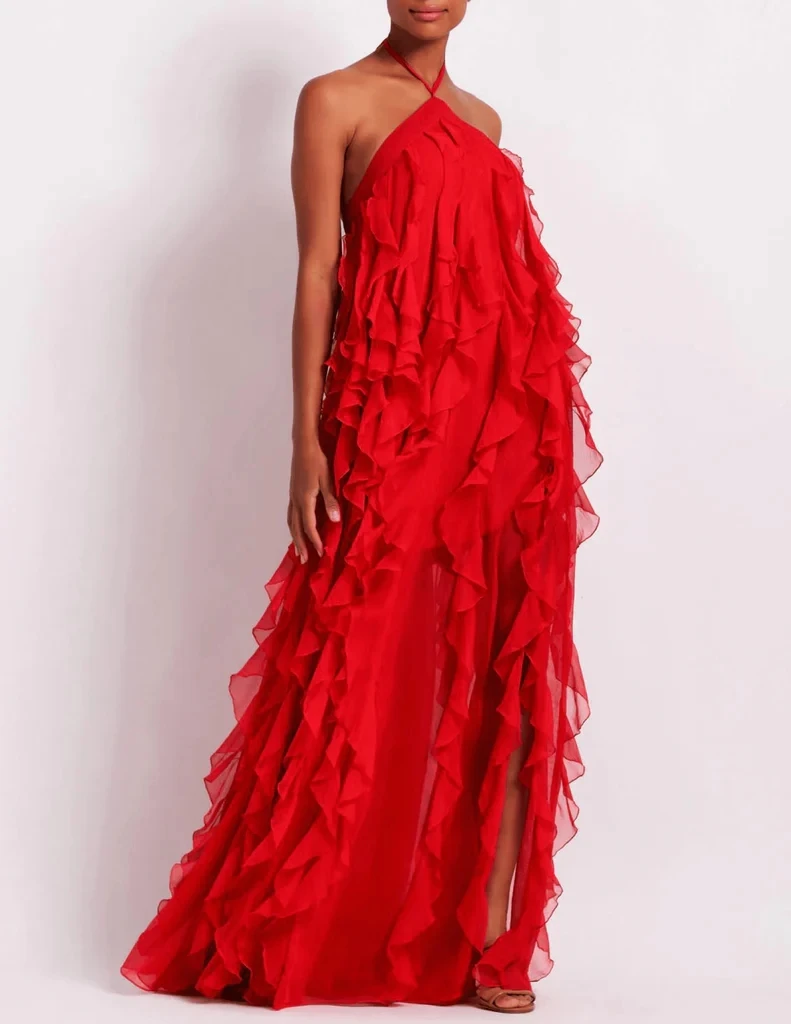 2024 Spring Halter Ruffles Chiffon Prom Dresses Sexy Slit Backless Celebrity Dress Pageant Event Gala Gown Custom Red Maxi Dress