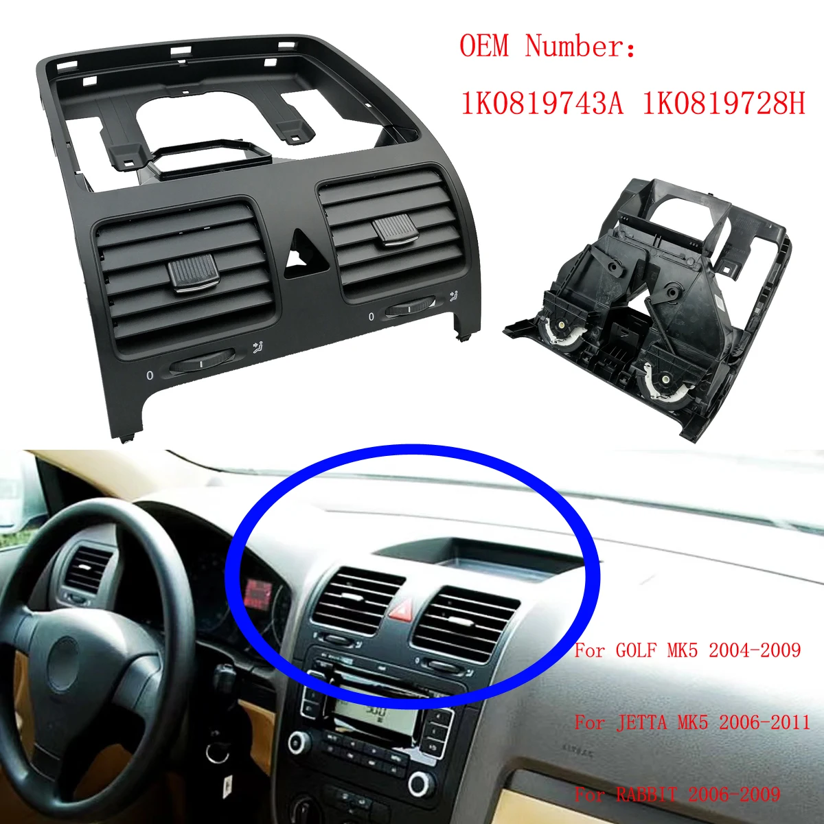 Car Front Center Dash A/C Air Vent Outlet For Golf MK5 2004-2009 1K0819743A 1K0819728H For MK5 2006-2011 For RABBIT 2006-2009