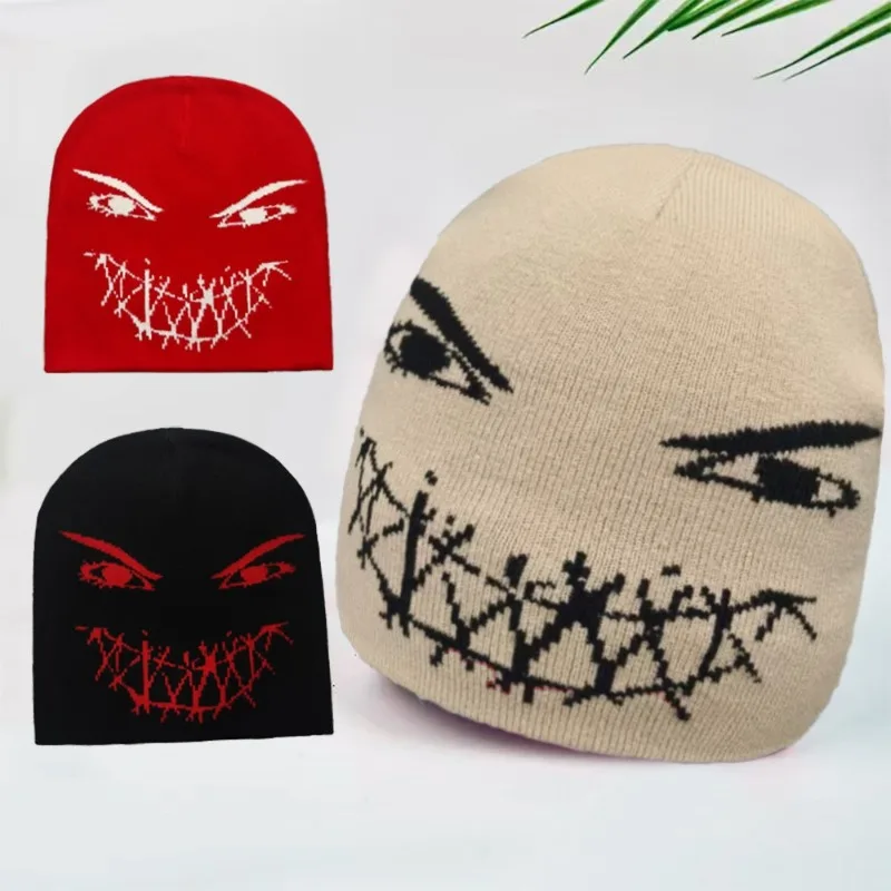 Classic Funny Embroidered Knitted Wool Beanie Hat for Autumn Winter Unisex Men Women Halloween Prop Thermal Pullover Cap