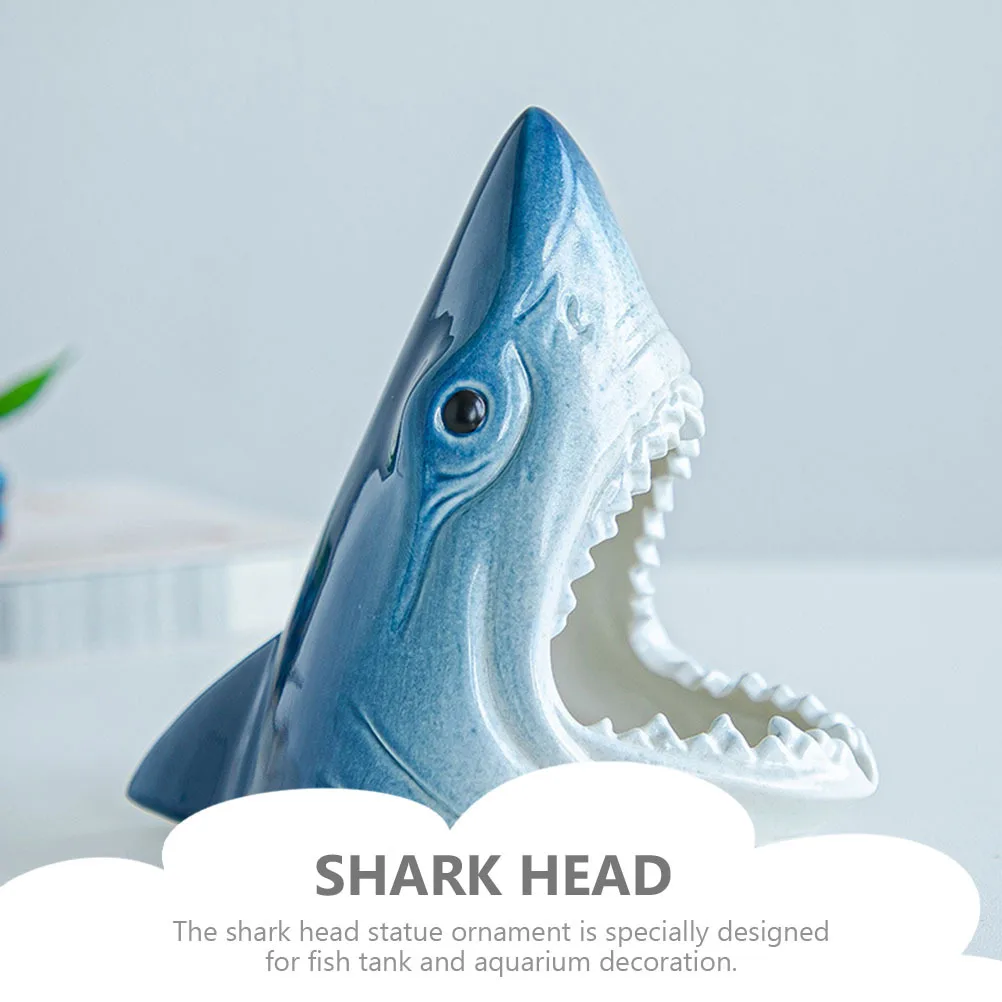 

Shark Head Statue Decor Ceramic Fish Tank Cave for Aquarium Landscaping Realistic 3D Shelter Ornament Home Decor