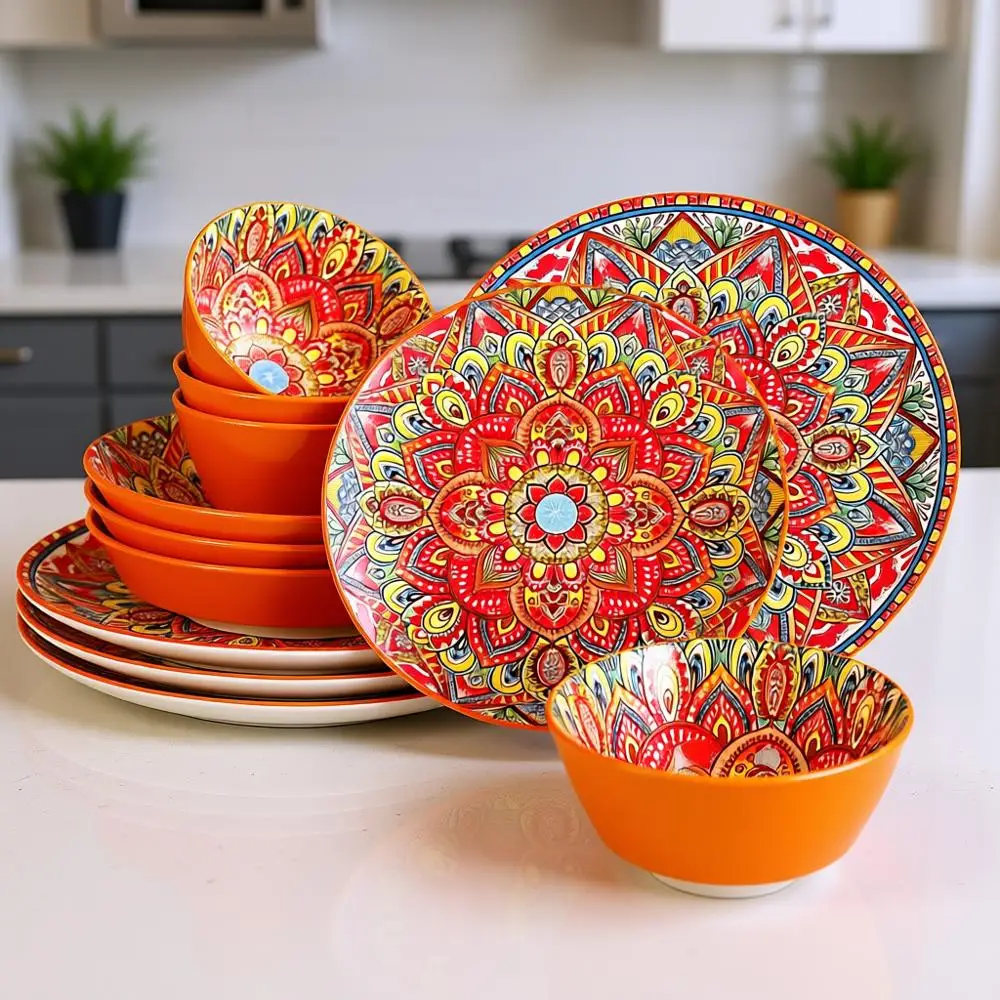 

Набор посуды в стиле бохо из 12 предметов на 4 персоны, включая 8 салатных тарелок, 10 обеденных тарелок и 4 суповые миски, подходит для использования в помещении и на улице