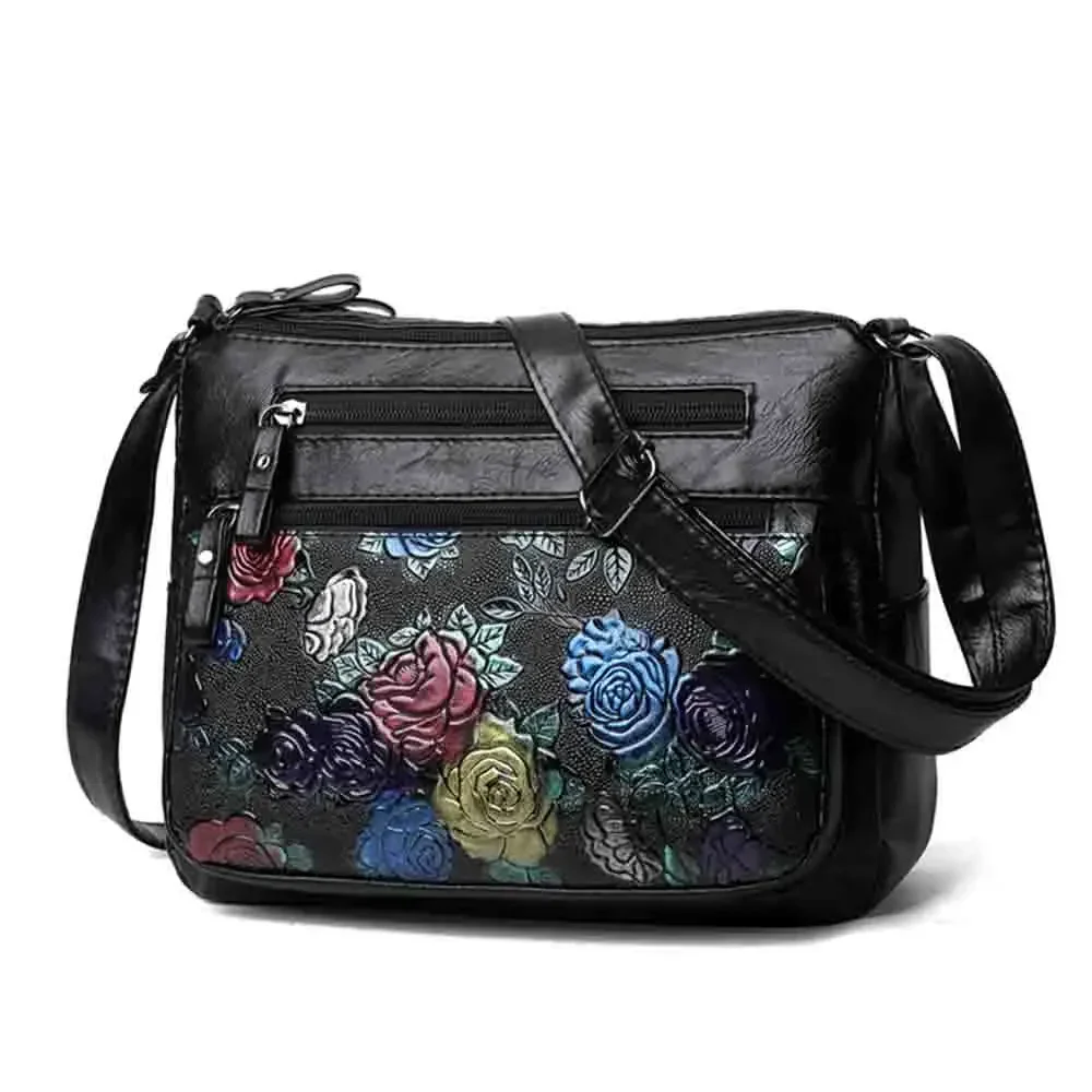 Luxury Soft Leather Women Messenger Shoulder Handbags and Purses Flowers Multi-pocket Crossbody Mommy Bag Ladies Sac 2024