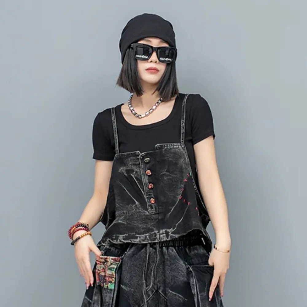 

2024 Summer New Trendy Black Denim Suspender Vest Women LX1069