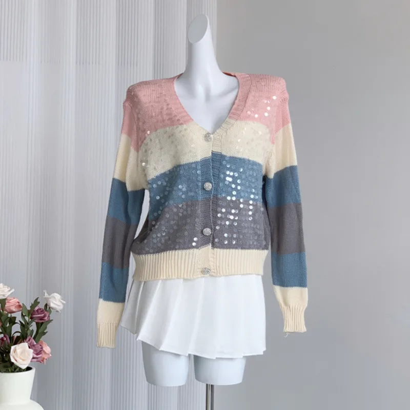 

Sweet 2024 Fashion Sequin Knitted Spring And Autumn New Style V-neck Button Loose Casual Cardigan Coat Long Sleeved Sweater Tops