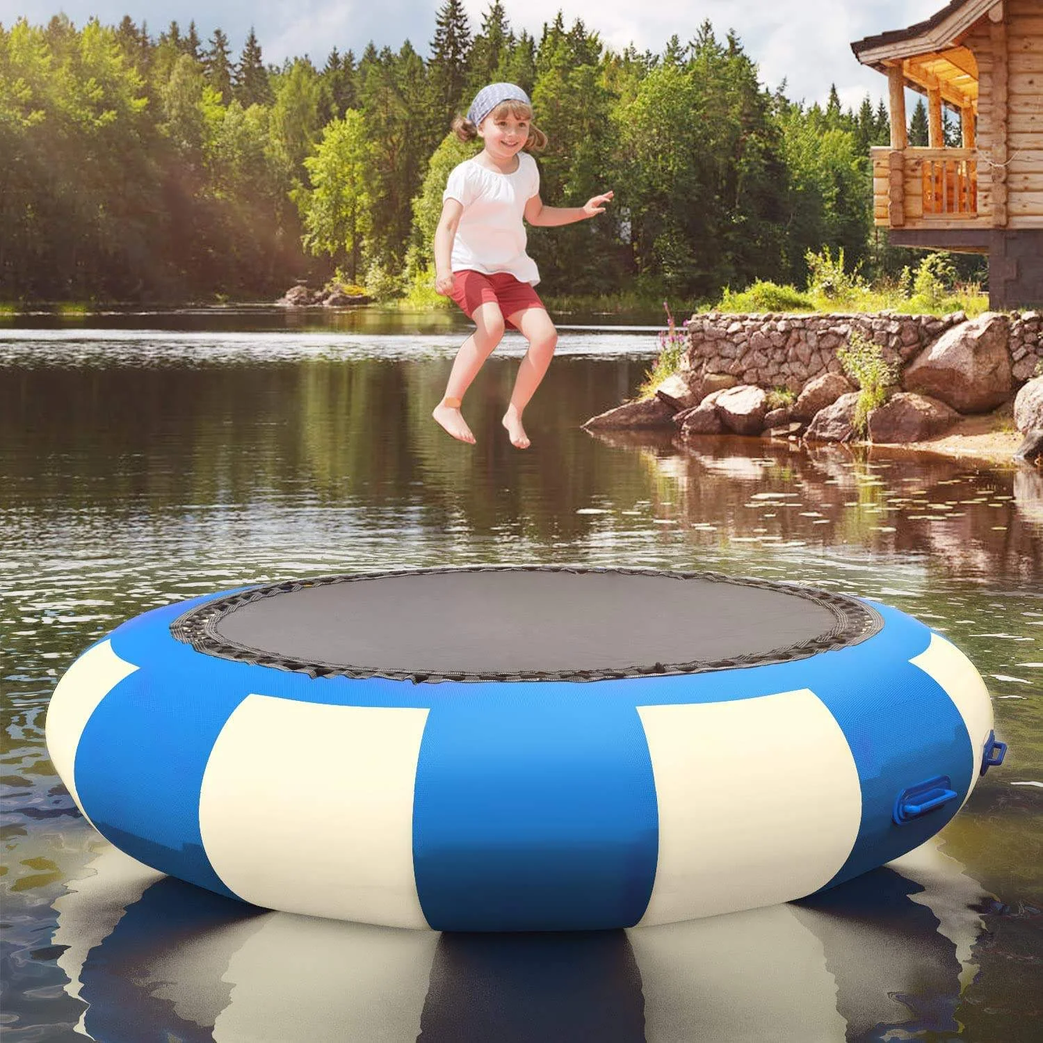10ft Inflatable Floating Trampoline Water Round Bouncer with 3-Step Ladder Use for Pool Lake Water Sports Park Equipment