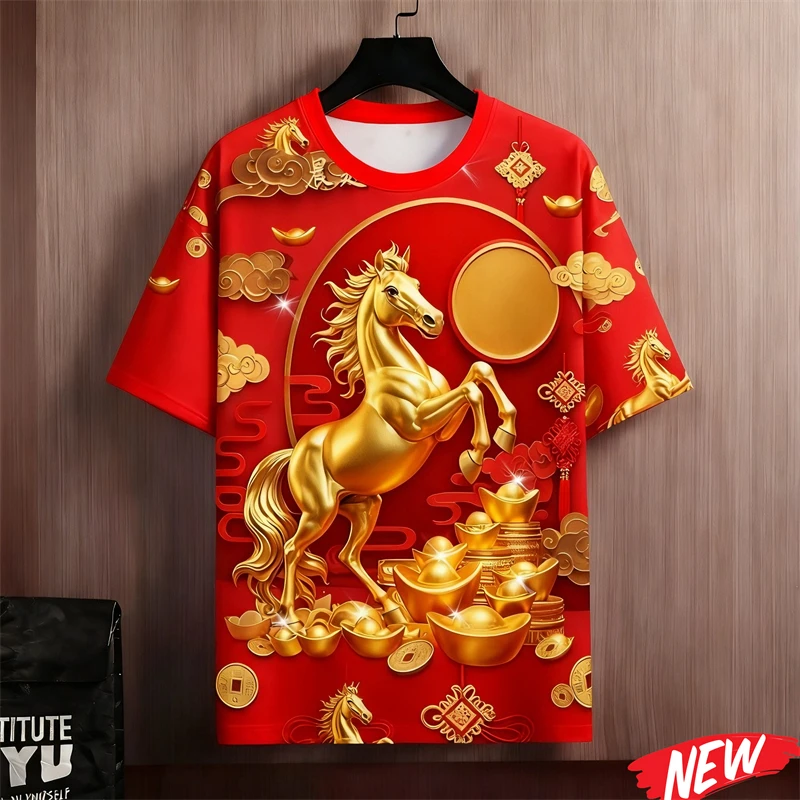 2026 Men T‑Shirt Horse Graphic Happy New Year Festive Crew Neck Short Sleeve Apparel