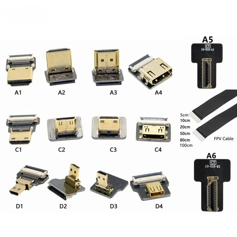 Ribbon FPV HDMI-Compatible Connector Flexible Flat Cable Raspberry Pi 4 Micro HDMI To HDMI Mini HDMI Female 90 Degree FFC 20pin