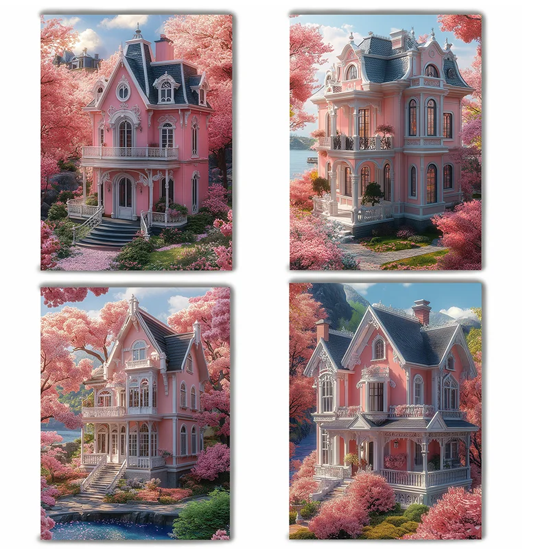 

Romantic Realism Digital Renderd Dream House Pink luxurious Victorian Mansion Poster Modern Home Wall Art Decor Canvas Printing