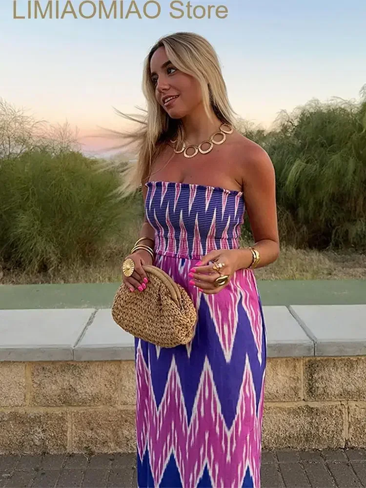 

New Woman Stripe Print Chest Wrapping Midi Vestido Summer Female Elegant Sleeveless Ruched Dress Ladies Holiday Party Dresses