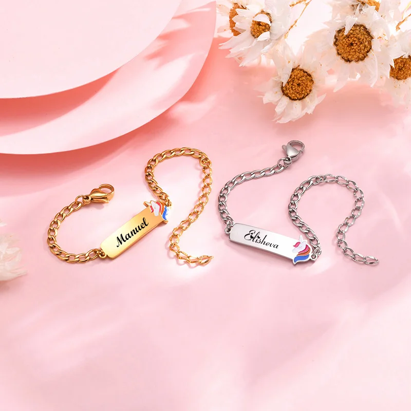 Bracciale per bambini con nome personalizzato in acciaio inossidabile 365 con testo fai-da-te a forma di cartone animato per regalo di gioielli di compleanno regolabile per bambini