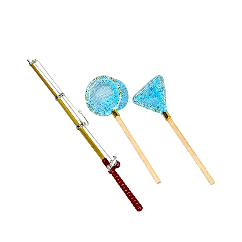 1set Dollhouse Mini Fishing Rod Fishing Net Combination Pack Model Playhouse Doll House Fish Play Set Decor Ornament Accessory