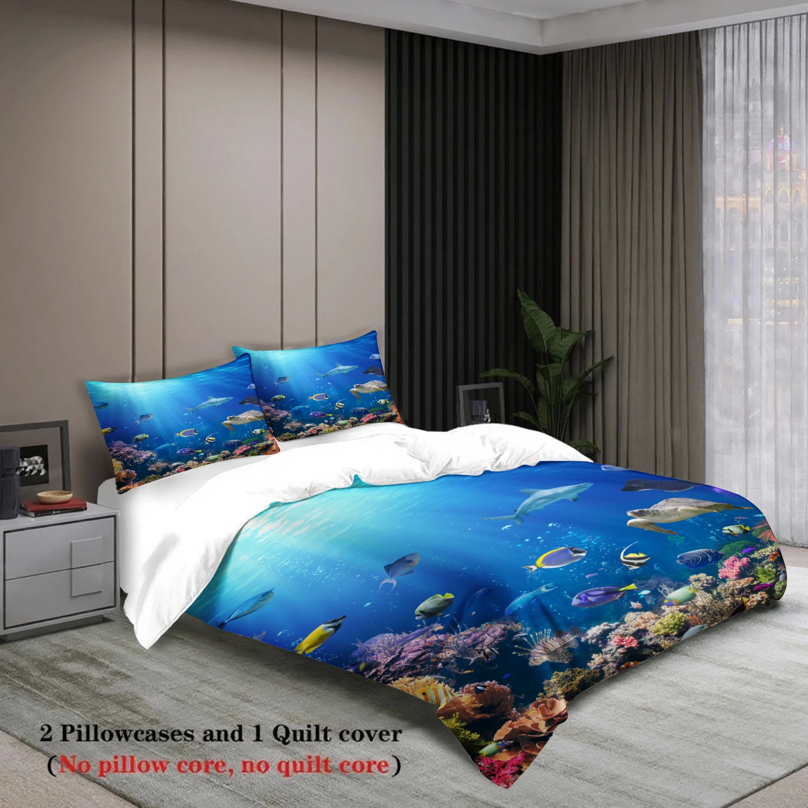 Ocean View Bedding Set Blue Underwater Sea Life Coral Reef Fish And Turtle Print Bedding Duvet Cover Pillowcases For Bedroom