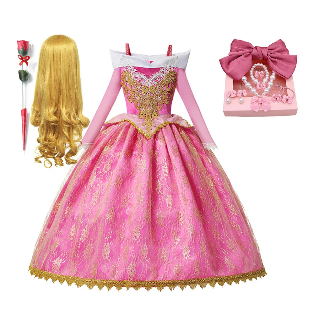 Disney Girl Princess Aurora Costume Dress for Kids Sleep Beauty Luxury Applique Ball Gown Fancy Carnival Birthday Halloween Dres