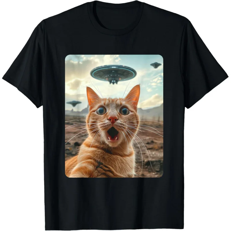 Men's and Women's Sports and Leisure Fashion Short sleeved Alien Encounter Cat Wearing UFO Selfie Black Top T-shirt