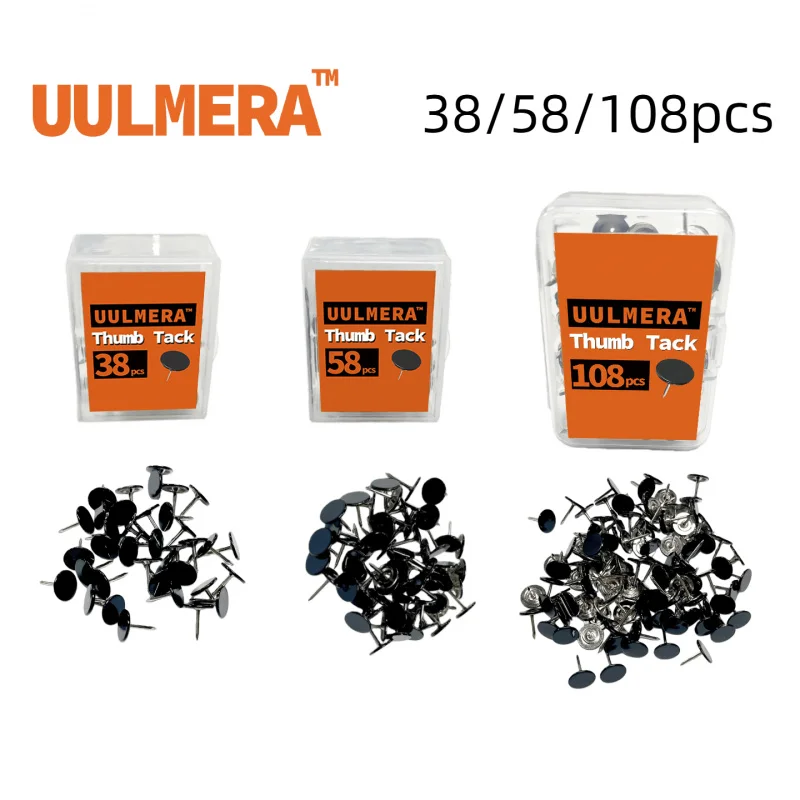 38/58/108 Pcs Black Drawing Pins Round Head Thumbtacks, Metal Push Pins with Storage Box for Pinboard, Bulletin Board, Office