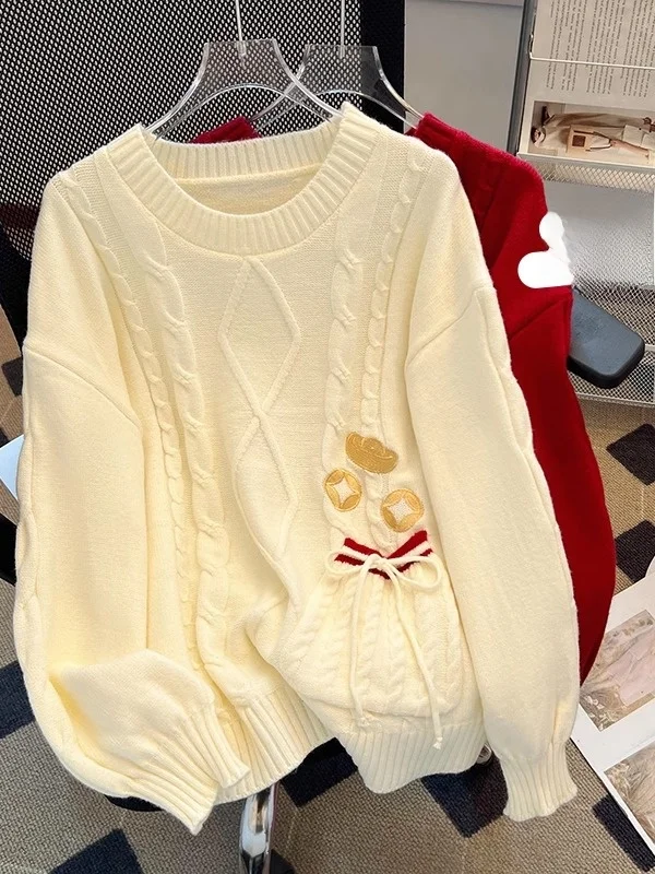 

Женский вязаный свитер для зимы, нижняя одежда, серия Lazy Sle Milk, свободный крой, длинный рукав, круглый вырез, цвет