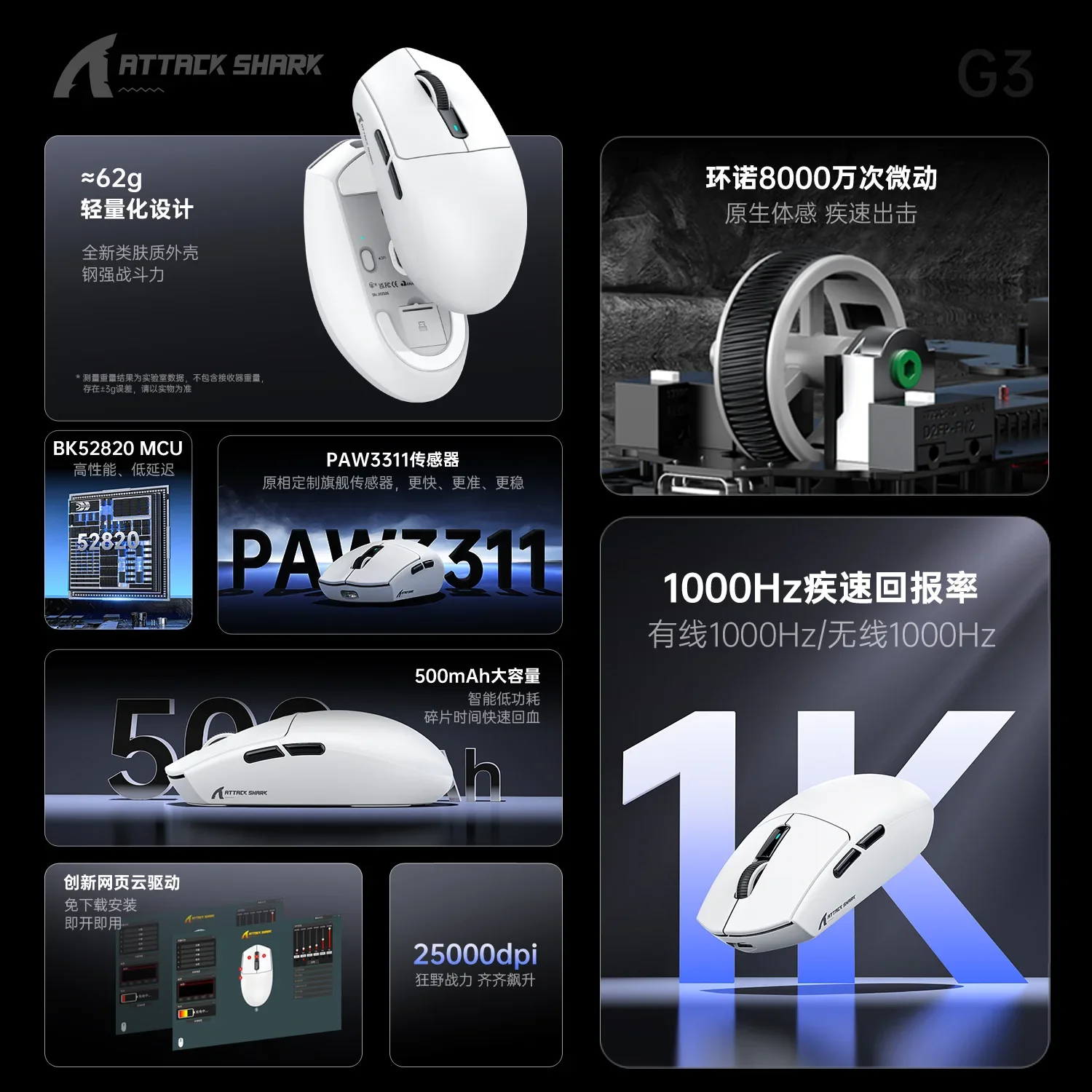 ATTACK SHARK G3 Ratón inalámbrico Bluetooth para juegos y deportes Accesorios de ratón ligeros multimodo con pilas de largo alcance