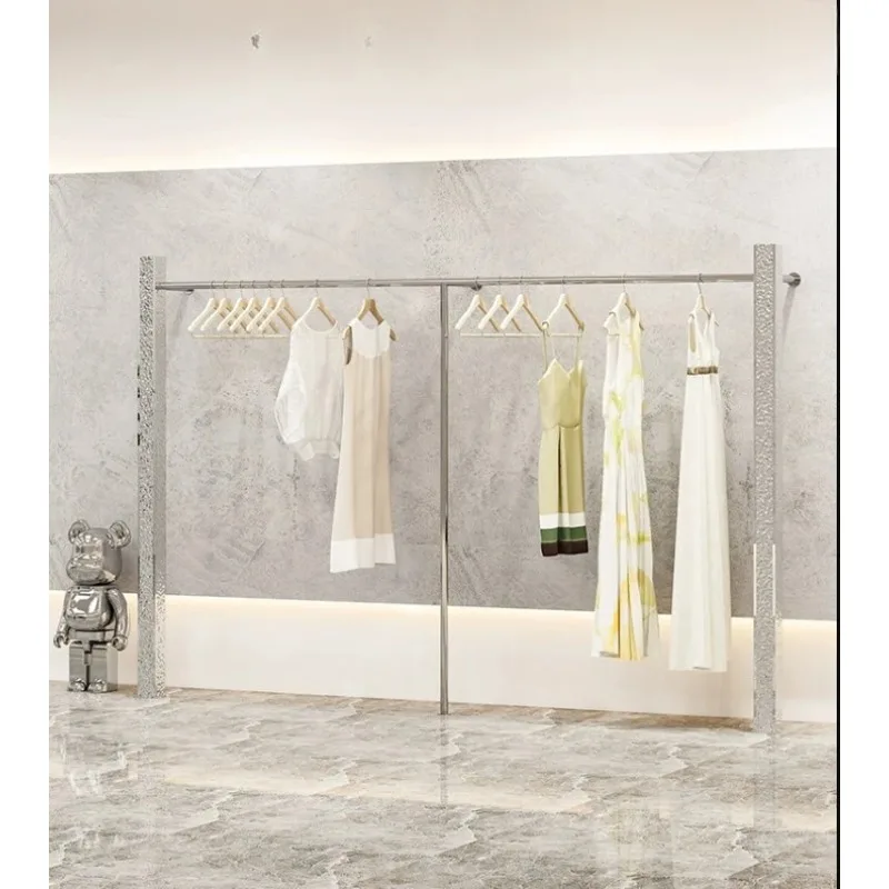 Suporte de exibição de loja de roupas, cabide de suspensão de piso de aço inoxidável, adereços de exibição de rack de roupas