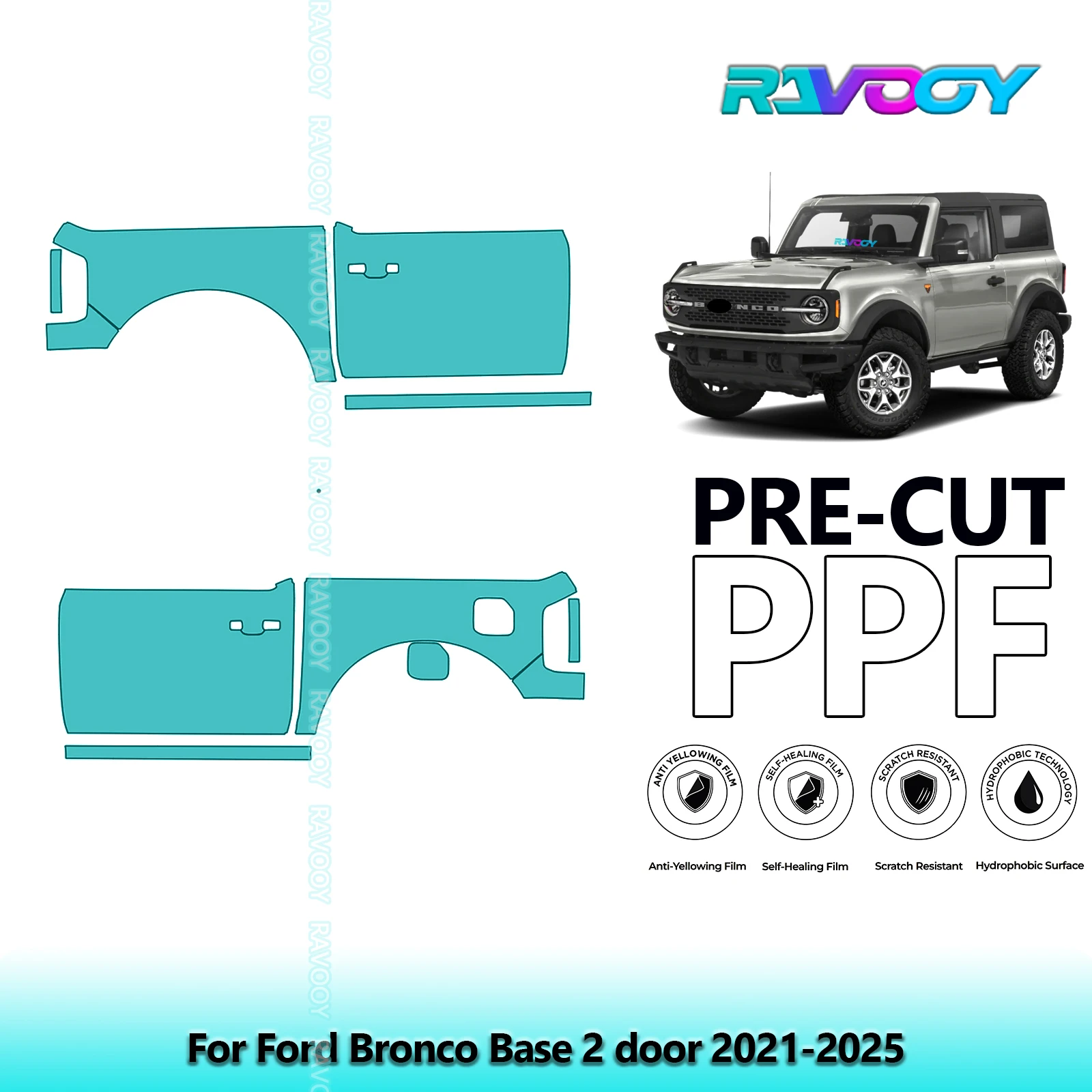 

For Ford Bronco Base 2 door 2021-2025 8.5mil Clear Matte Pre-Cut PPF Door & A/B Pillar Kit TPU Paint Protection Film Set