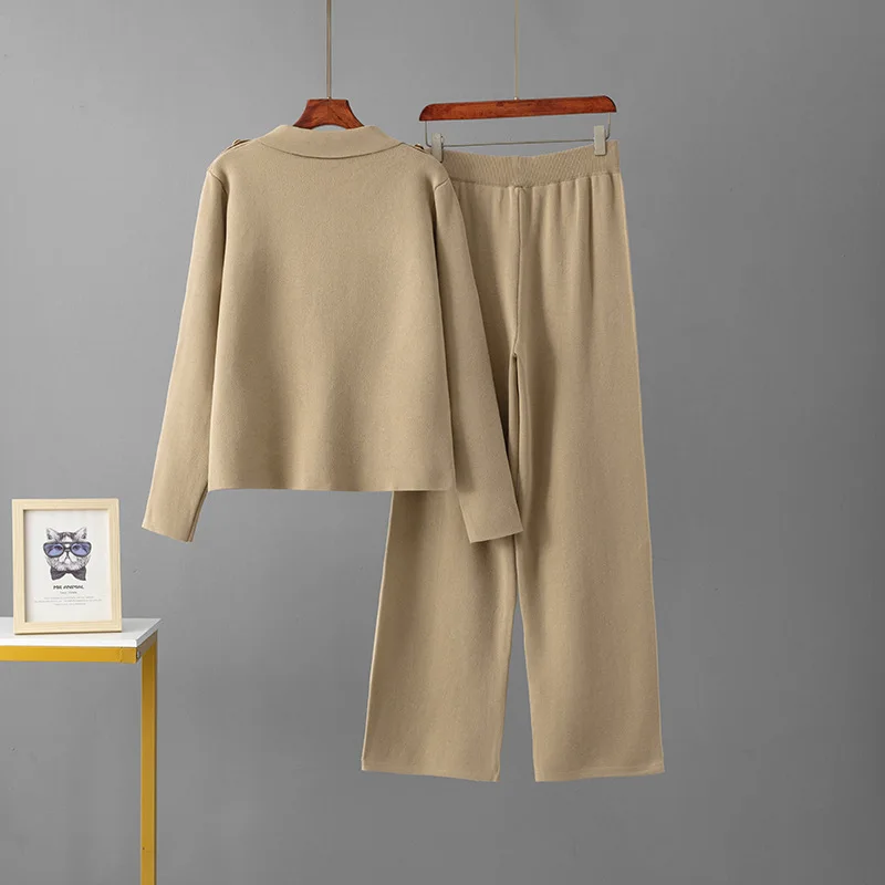 สไตล์เกาหลีฤดูใบไม้ผลิใหม่ผู้หญิงถักเสื้อกางเกงขากว้าง 2 ชิ้นชุดแฟชั่นเสื้อสเวตเตอร์ถักชุดเดินทางสบายๆ