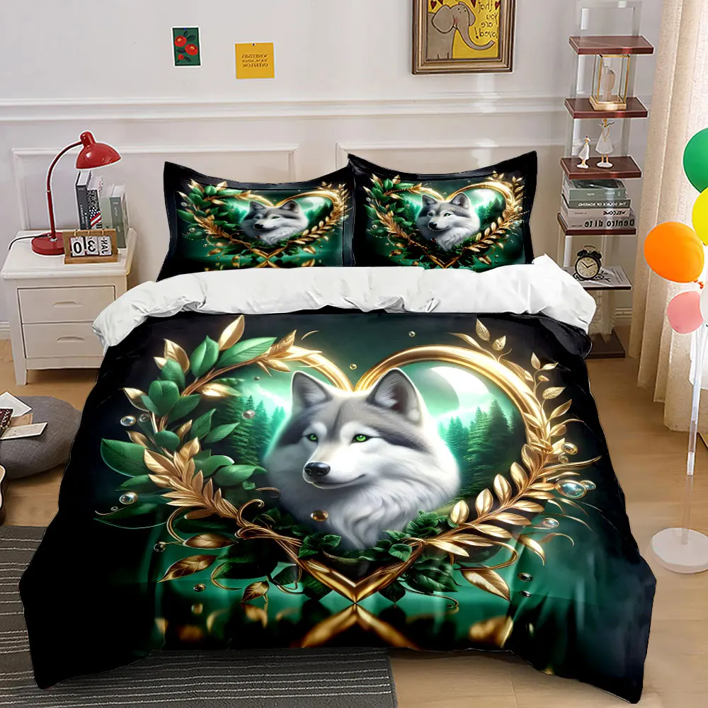 Golden heart wolf with forest Print Bedding Set 1 Duvet Cover 2 Pillowcases for Adult and Children Luxury Gift Full Size