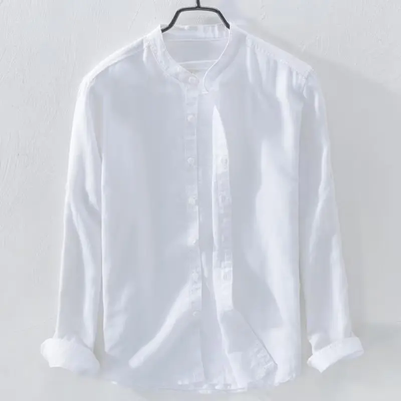 

Cotton Linen irt Men's Casual Simple Artistic Long Sve Loose Thin Breathable Youth Linen irt Men Stand Collar Summer F...