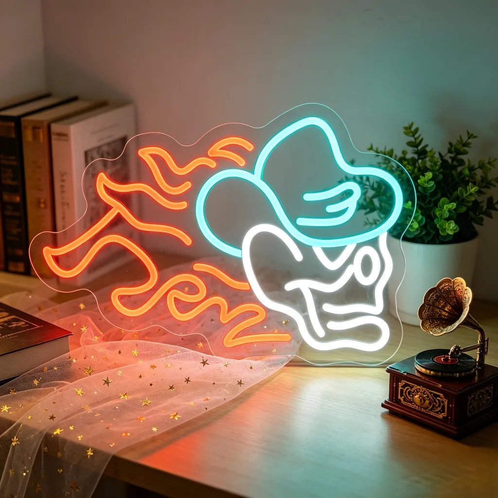 

Sugar Skull Neon Sign LED USB Dimmable Cinco De Mayo Mexican Fiesta Skeleton Sombrero Flame Wall Art Night Light for Decor Gift