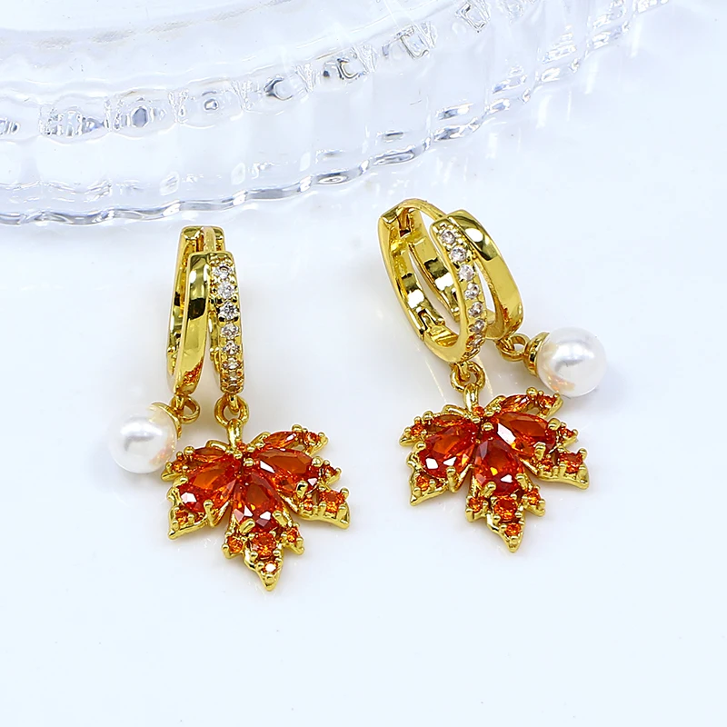 Red Maple Leaf Gemstone Necklace Earrings Fashionable, Exquisite, Elegant and Stylish Charm Earrings view 3