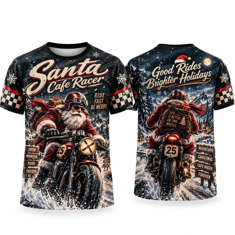Christmas Motorcycle T Shirt Men Santa Cafe Racer Biker Graphic Short Sleeve Xmas Holiday Vintage Streetwear Casual Fashion Top